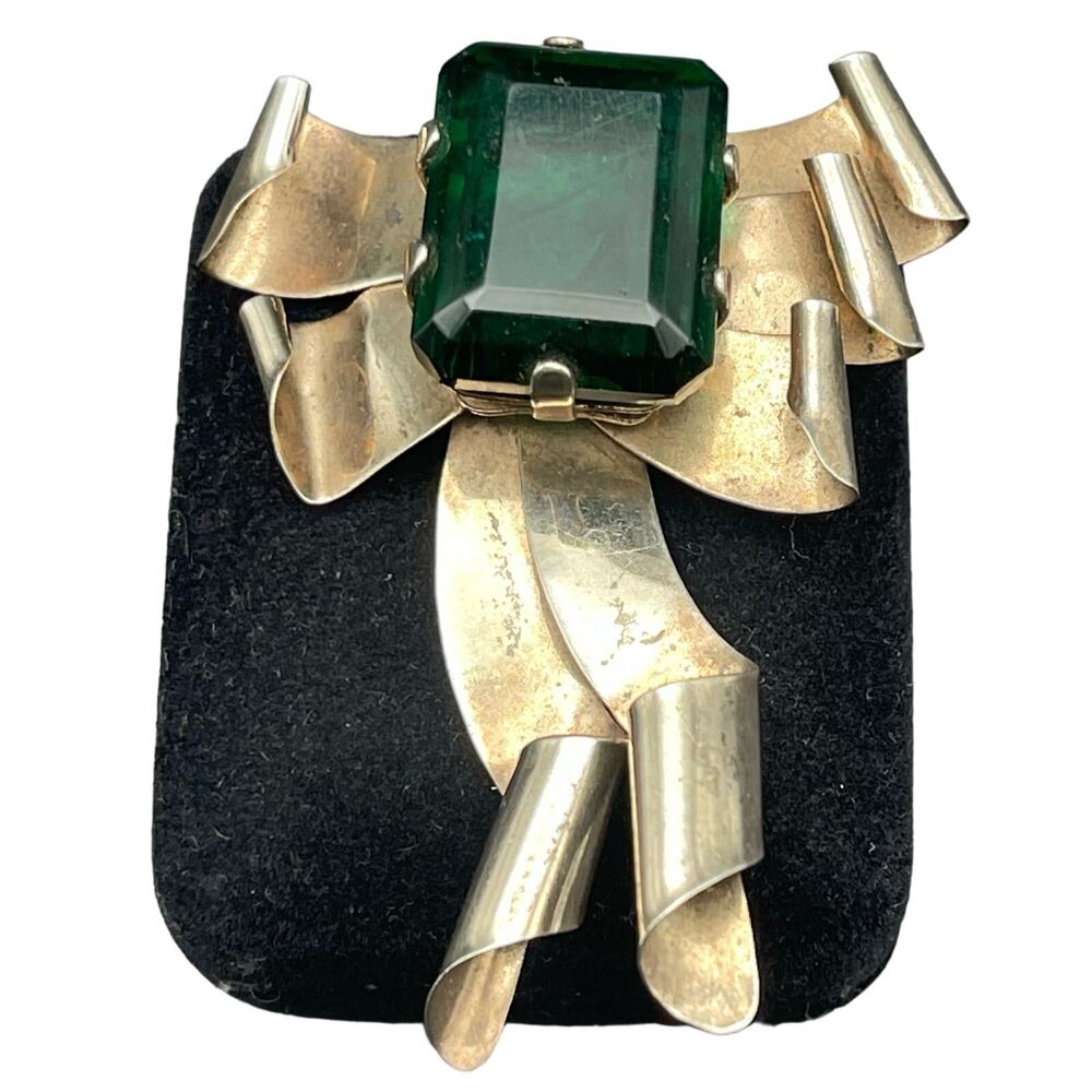 1940s Vintage 3" Sterling Silver Vermeil Brooch Pin Prong Set Green Glass Rare